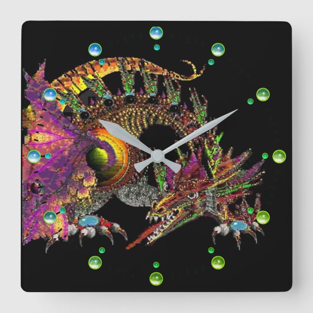 DRAGO /Fantasy Gold Dragon Black Blue Green Gems Square Wall Clock (Front)