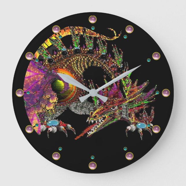 DRAGO /Fantasy Gold Dragon In Black Pink Gemstones Large Clock (Front)