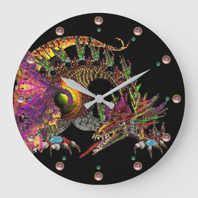 DRAGO /Fantasy Gold Dragon In Black Pink Gemstones Large Clock (Front)