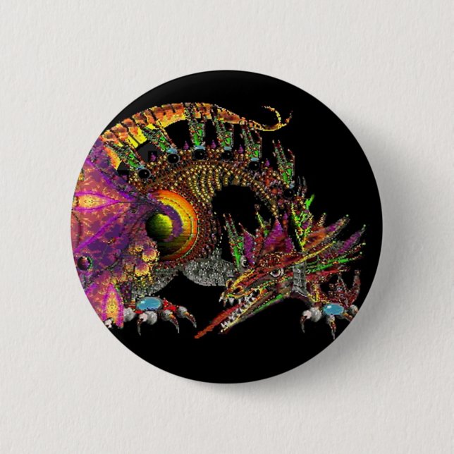 DRAGO / FANTASY GOLD DRAGON IN PURPLE AND BLACK 6 CM ROUND BADGE (Front)