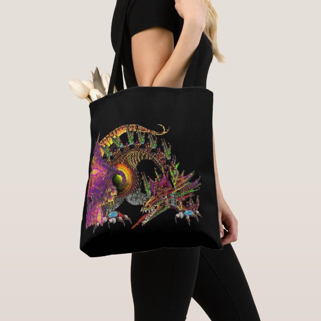 DRAGO / FANTASY GOLD DRAGON IN PURPLE AND BLACK TOTE BAG (Close Up)