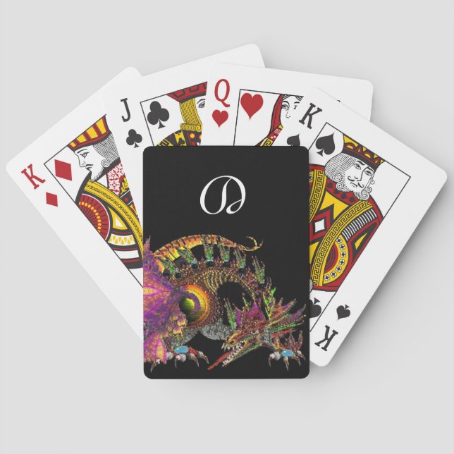 DRAGO,FANTASY GOLD DRAGON IN PURPLE BLACK Monogram Playing Cards (Back)
