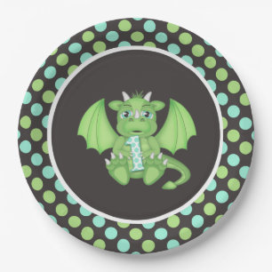 Dragon 1st Birthday Plates Green/Blue/Grey