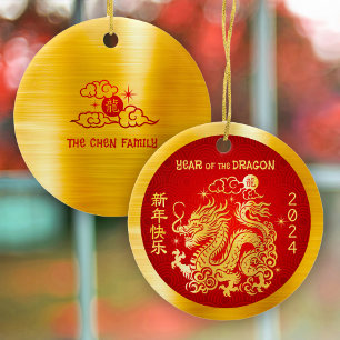 Dragon 2024 Chinese Lunar New Year Gold Foil Red Ceramic Tree Decoration