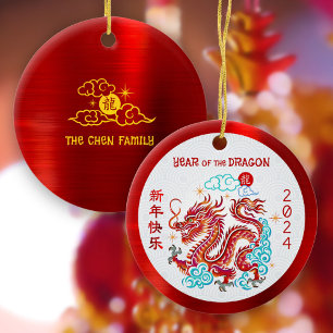 Dragon 2024 Papercut Chinese Lunar New Year Red Ceramic Tree Decoration