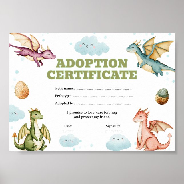 Dragon adopt a pet certificate editable poster (Front)