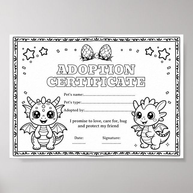 Dragon adopt a pet colouring certificate poster (Front)