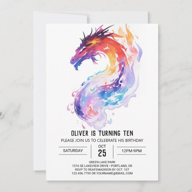 Dragon Adventure Watercolor Birthday Invitation (Front)