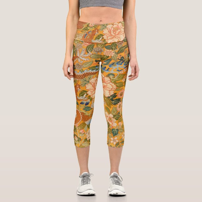 DRAGON AMONG PEONIES,FLOWERS,GREEN LEAVES Floral  Capri Leggings (Front)