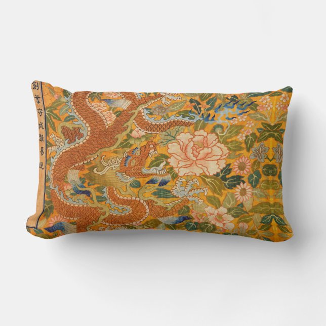 DRAGON AMONG PEONIES,FLOWERS,GREEN LEAVES Floral Lumbar Cushion (Front)