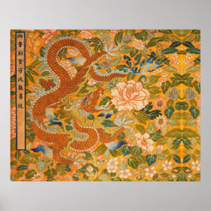 DRAGON AMONG PEONIES,FLOWERS,GREEN LEAVES Floral Poster