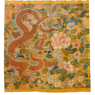 DRAGON AMONG PEONIES,FLOWERS,GREEN LEAVES Floral Shower Curtain