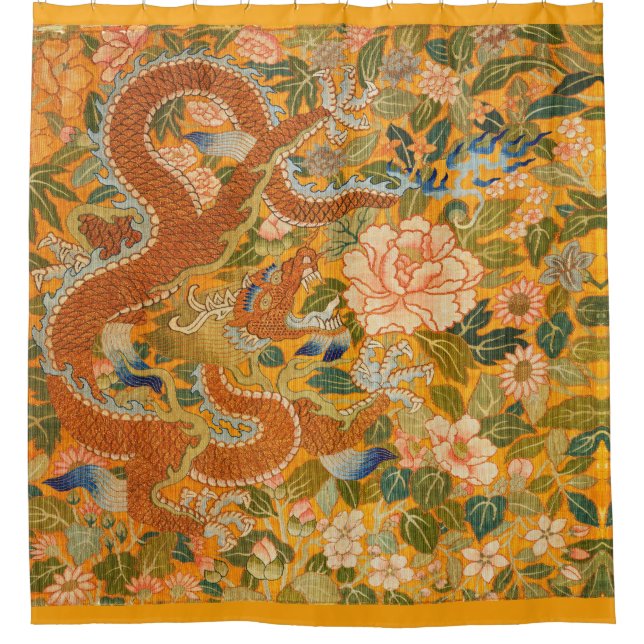 DRAGON AMONG PEONIES,FLOWERS,GREEN LEAVES Floral Shower Curtain (Front)