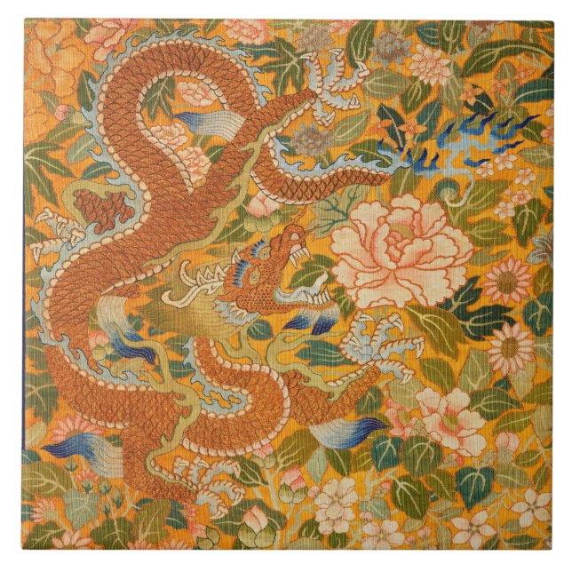 DRAGON AMONG PEONIES,FLOWERS,GREEN LEAVES Floral Tile (Front)