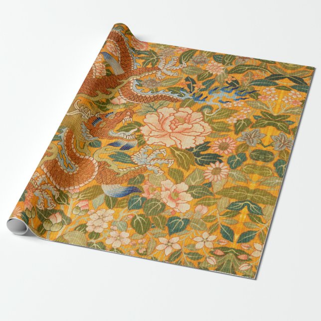DRAGON AMONG PEONIES,FLOWERS,GREEN LEAVES Floral Wrapping Paper (Unrolled)