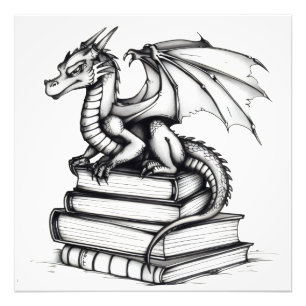 Dragon and Books Line Art Photo Print