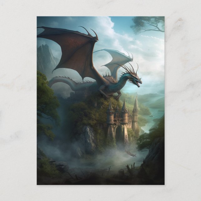Dragon And Castle Fantasy Art Postcard (Front)