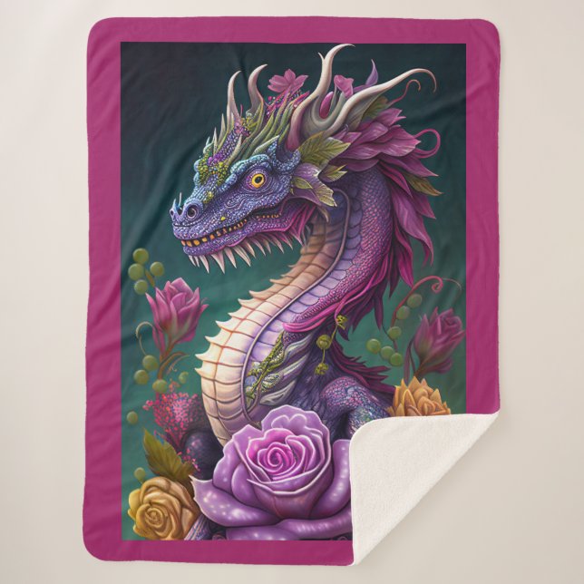 Dragon and Flowers Sherpa Blanket (Front)