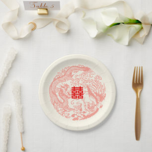 Dragon and Phoenix beige red chinese wedding Paper Plate