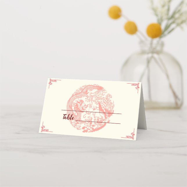 Dragon and Phoenix beige red chinese wedding Place Card (Front)