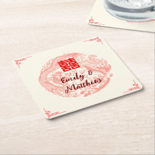 Dragon and Phoenix beige red chinese wedding Square Paper Coaster
