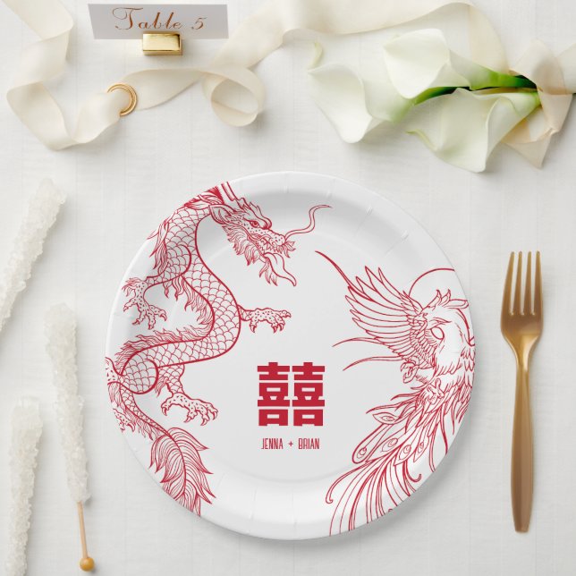Dragon and Phoenix Clash | Double Happiness Paper Plate (Wedding)
