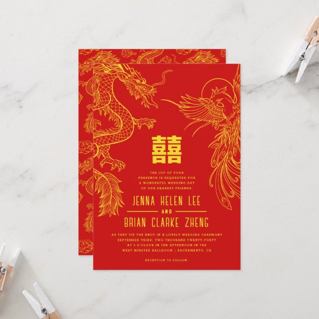 Dragon and Phoenix Double Happiness | Back Pattern Invitation (Front/Back In Situ)