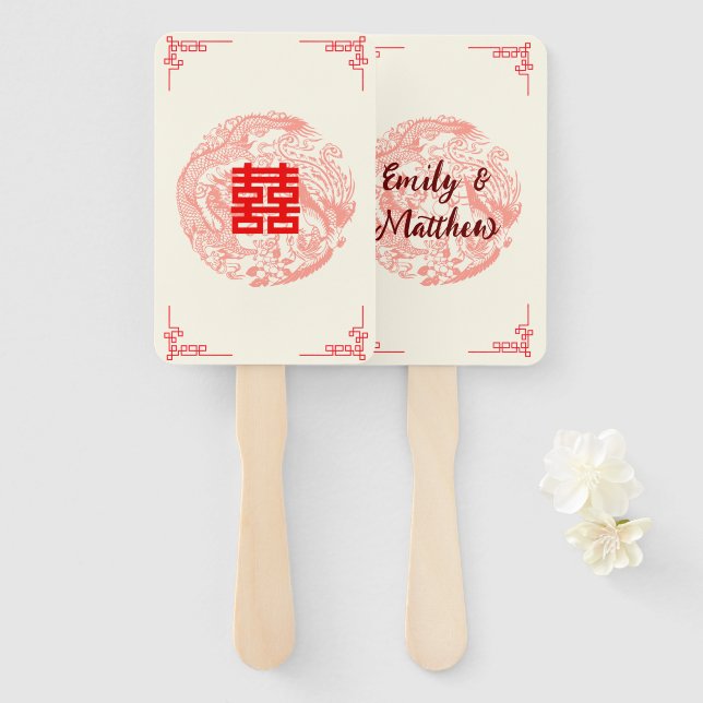 Dragon and Phoenix red chinese wedding Hand Fan (Front and Back)