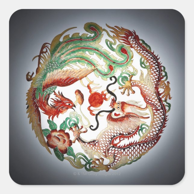 Dragon and phoenix stencil square sticker (Front)