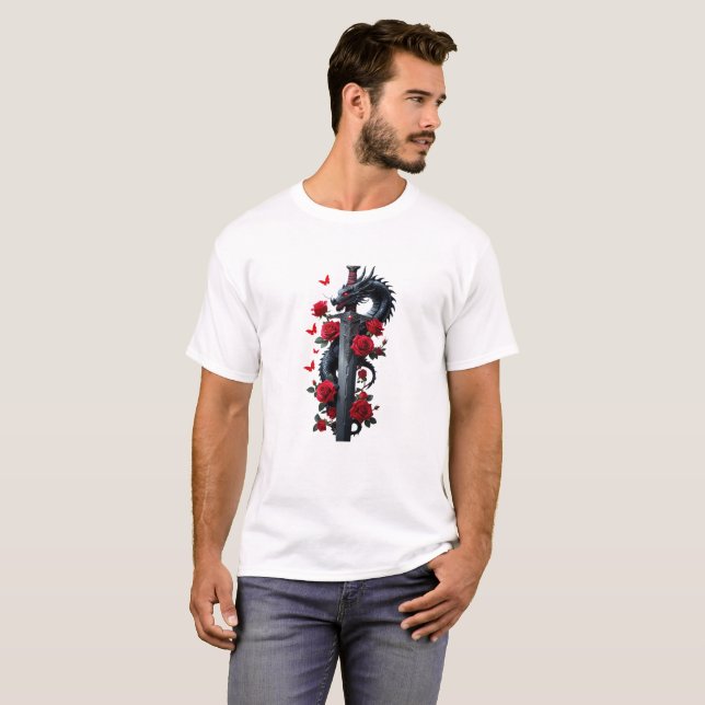 Dragon and Roses Blade – Power Meets Elegance T-Shirt (Front Full)