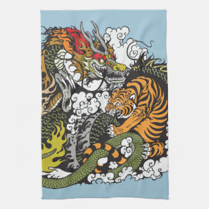 dragon and tiger fighting tea towel