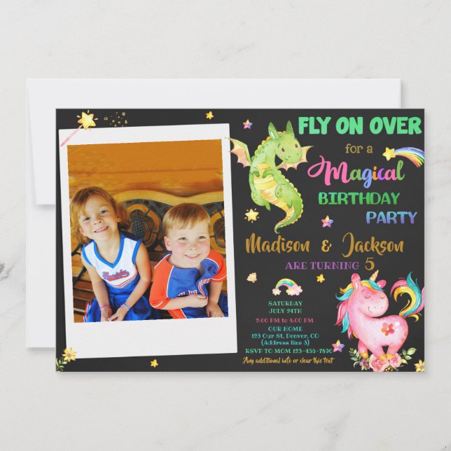 Dragon and unicorn birthday invitation boy & girl (Front)