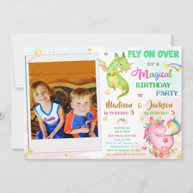 Dragon and unicorn birthday invitation boy & girl (Front)