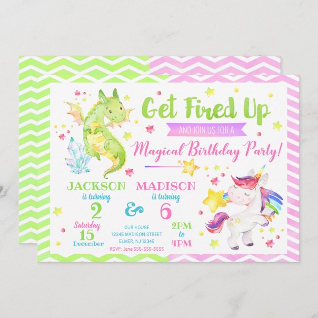 Dragon and Unicorn Joint Birthday Invitation (Front/Back)