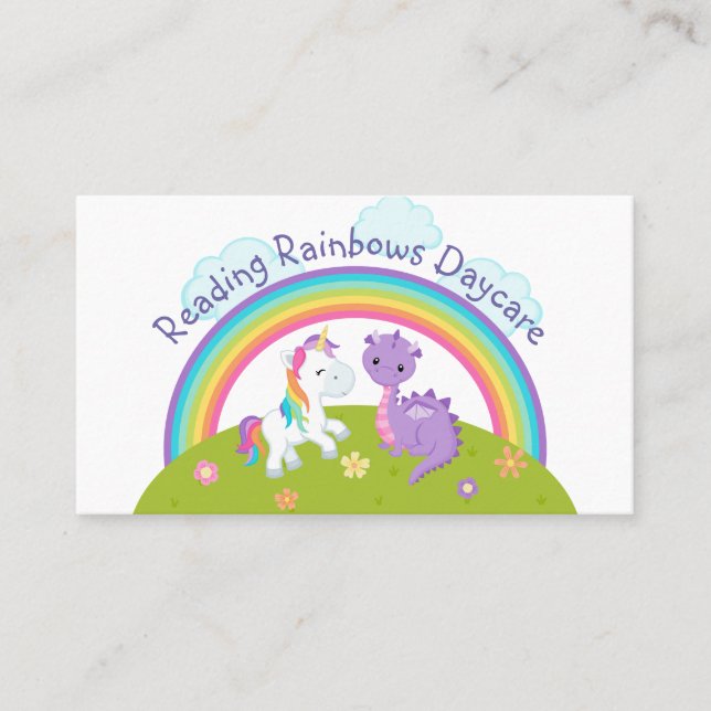 Dragon and Unicorn Under Rainbow Daycare Business Card (Front)