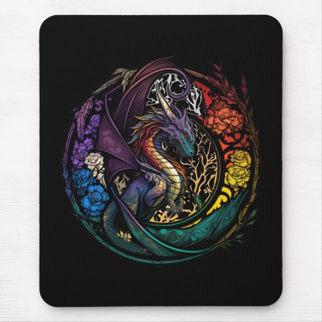 Dragon Animal Portrait Stained Glass Wildlife Free Mouse Mat (Front)