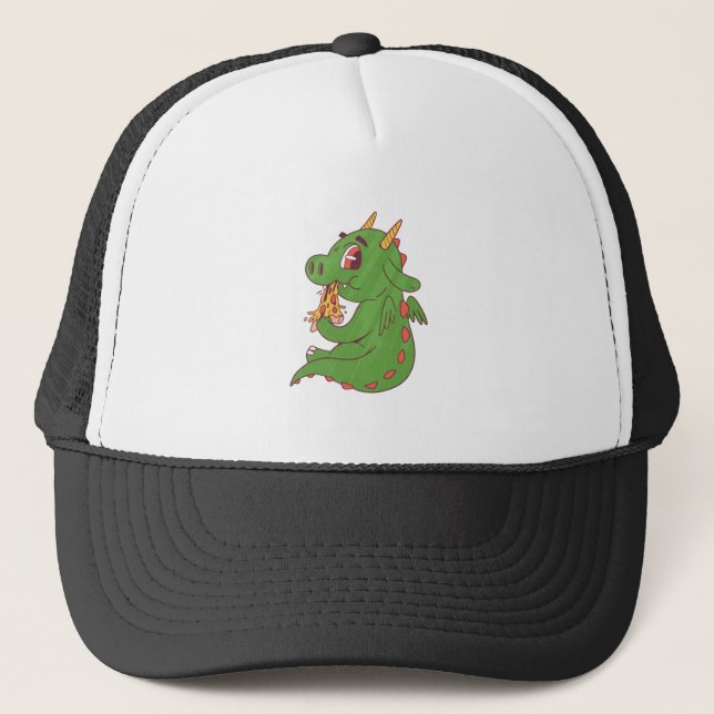Dragon Baby Eating Yummy Pizza Slice Design Trucker Hat (Front)