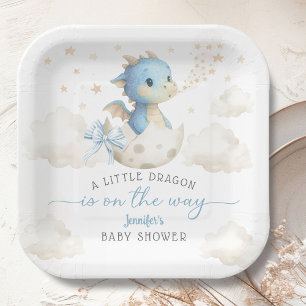 Dragon Baby Shower Boy Blue Cute Dragon Paper Plate