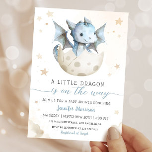 Dragon Baby Shower Cute Boy Blue WatercoIor Invitation