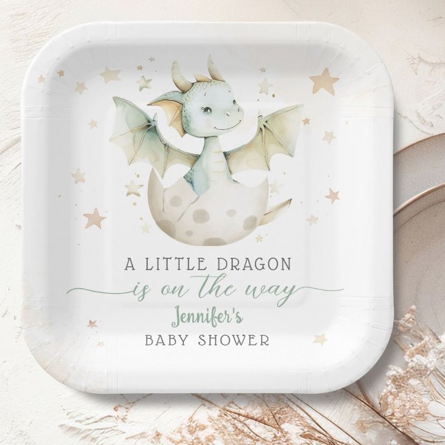 Dragon Baby Shower Cute Boy Green Dragon Paper Plate (Creator Uploaded)