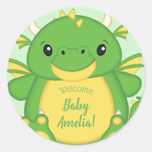 Dragon Baby Shower Green Classic Round Sticker (Front)