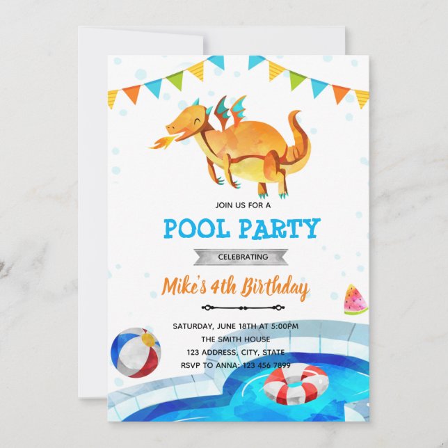 Dragon beach pool birthday invitation (Front)