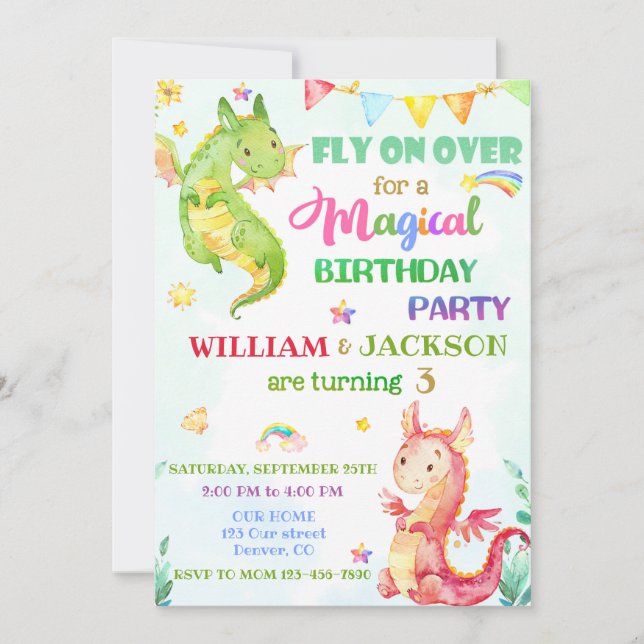 Dragon birthday invitation Joint birthday invite (Front)