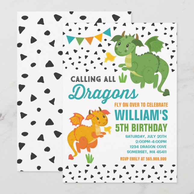 Dragon Birthday Invitation Knights & Dragons Party (Front/Back)