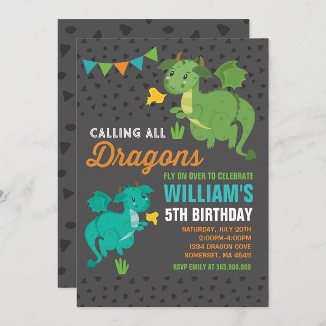 Dragon Birthday Invitation Knights & Dragons Party (Front/Back)