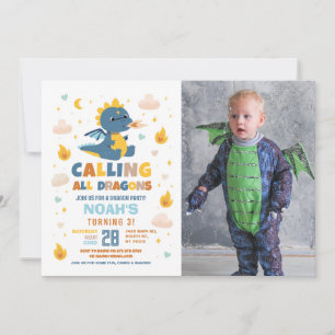 Dragon Birthday Party Blue Fire Dragons Boys Photo Invitation