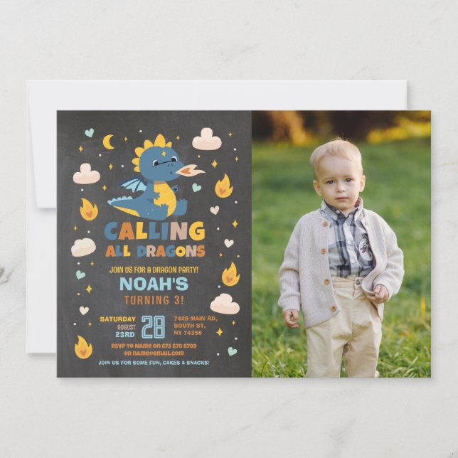 Dragon Birthday Party Blue Photo Dragons Boy Chalk Invitation (Front)
