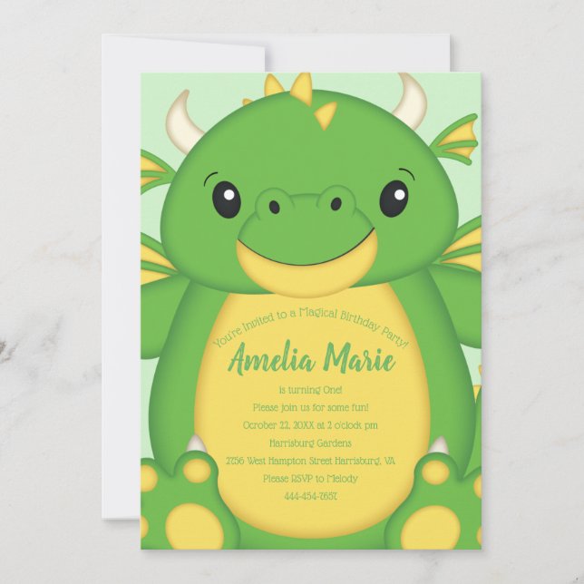 Dragon Birthday Party Green Invitation (Front)