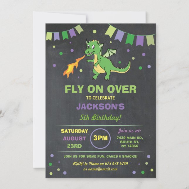 Dragon Birthday Party Invite Boys Girls Fire Green (Front)