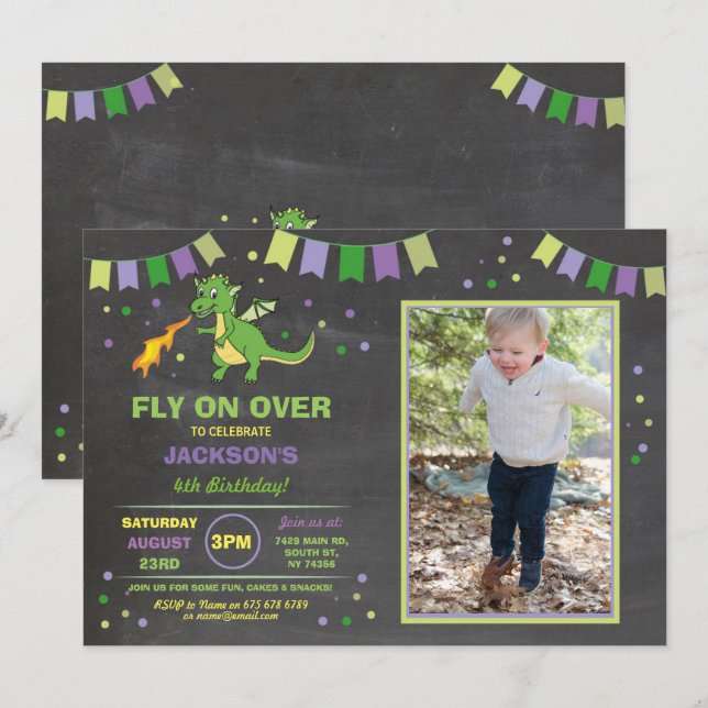 Dragon Birthday Party Invite Boys Girls Fire Photo (Front/Back)